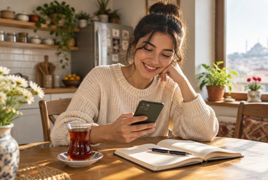 Mutfak masasında telefonundan ilan oluşturan bir kadın